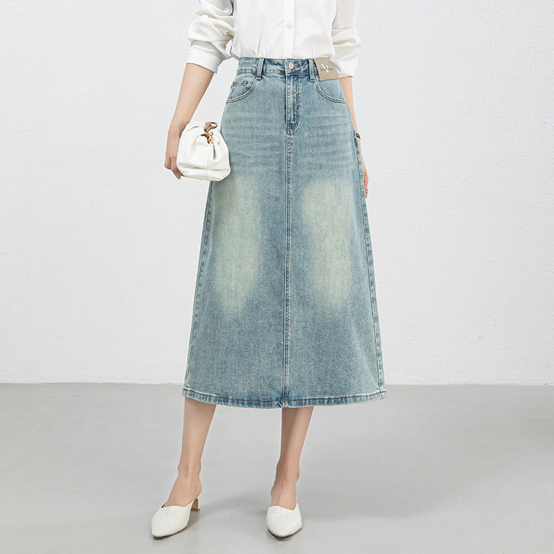 牛仔八分半身裙女2026年夏韩版中长款高腰开叉A字裙