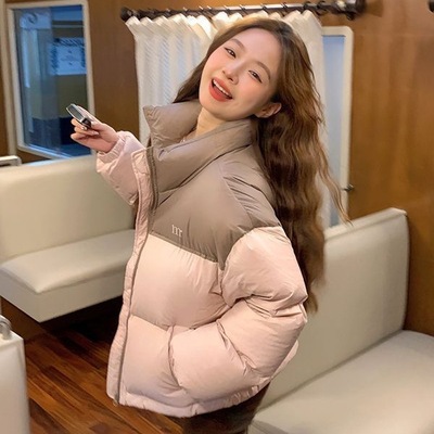 冬季羽绒服女2025新款韩系拼接小众白鸭绒面包短款小个子加厚外套