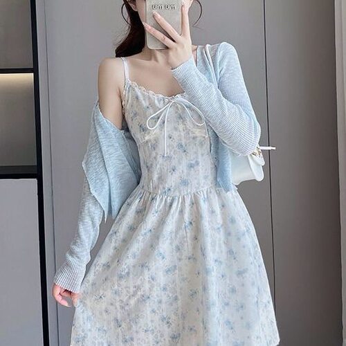小个子吊带连衣裙+防晒开衫两件套装夏季甜美初恋小清新字裙百搭