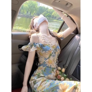 一字肩连衣裙女夏法式 韩系气质浪漫小飞袖 茶歇海边度假风气质长裙