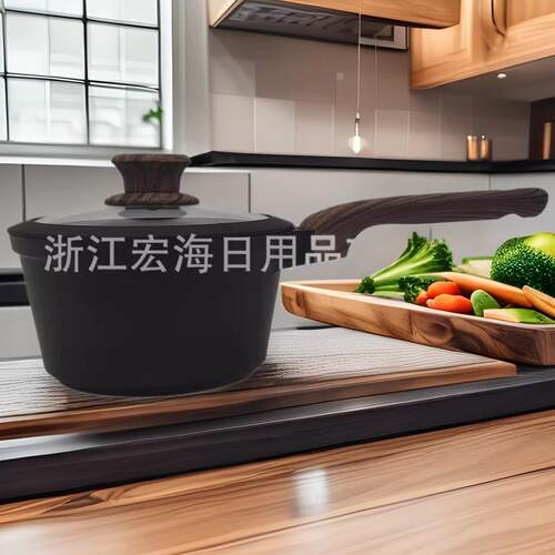 18cm新款凹纹光面深汤锅铝制复底煎锅煲汤炒菜锅奶锅明火胶木木纹