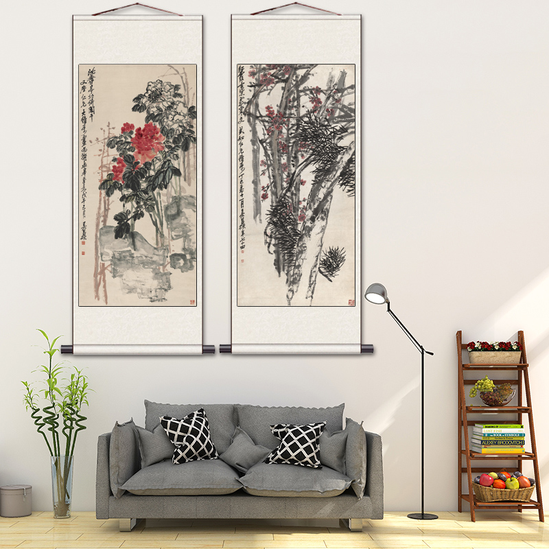 速发吴昌硕牡丹水仙国画花鸟画茶楼字画办公室挂画仿古卷轴壁画丝