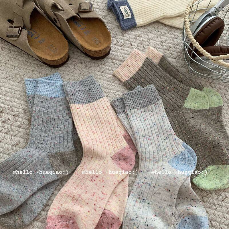 秋冬粗线女袜韩国东大门拼色点子纱羊绒加厚保暖羊毛中筒堆堆袜