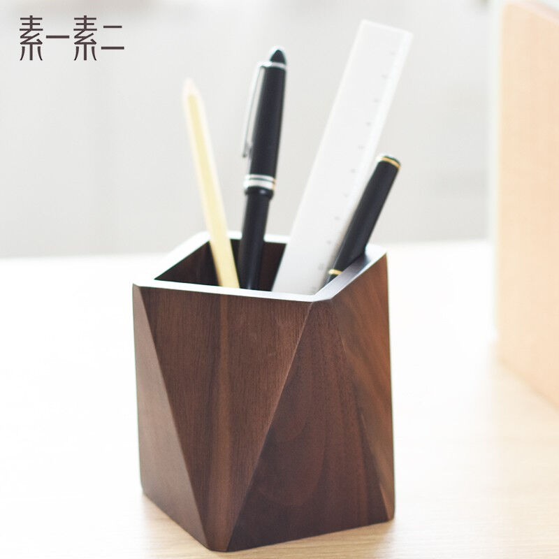 素一素二木质笔筒教师节礼物收纳盒学生桌面办公室实木笔座创意多