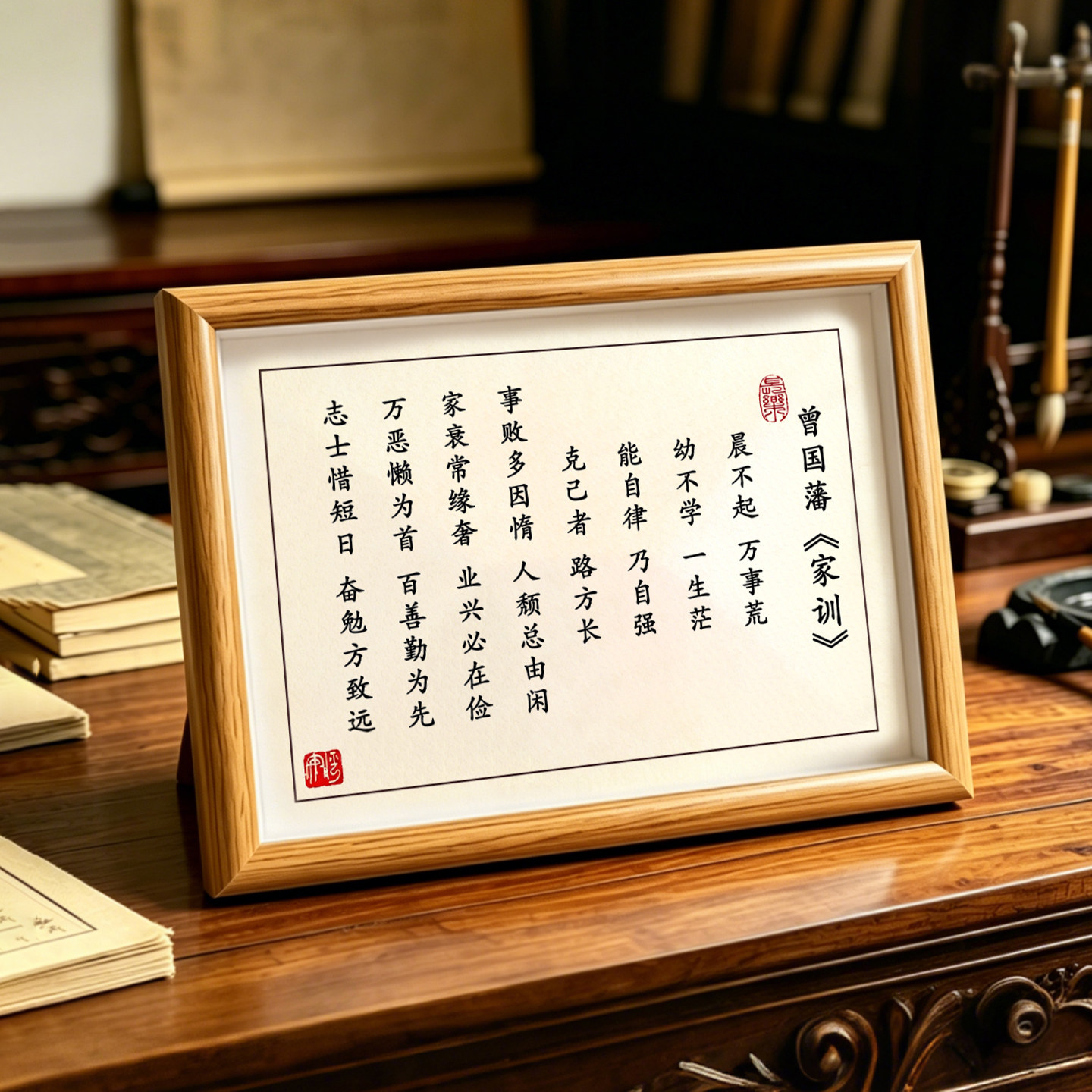 曾国藩家训家规晨不起万事荒字画摆件励志书法原文挂画摆台相框a4