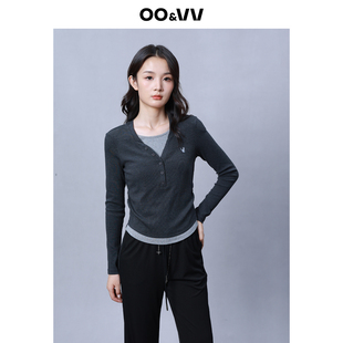oo&vv舒适拼接假两件T恤V领针织衫2025秋修身显瘦慵懒感长袖上衣