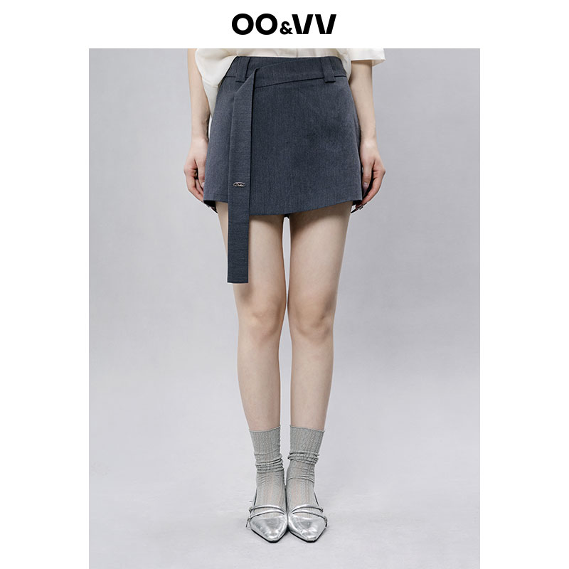 oo&vv韩系高腰包臀A字不规则西装半身裙裤女2025年夏飘带百搭短裙