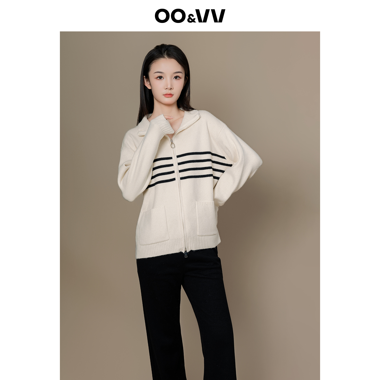 oo&vv时尚简约条纹针织开衫女2025秋冬新款宽松显瘦撞色毛衣外套