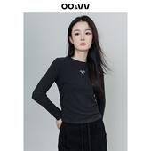 oo&vv黑色精致刺绣长袖 T恤女2025冬圆领修身 显瘦通勤内搭保暖上衣