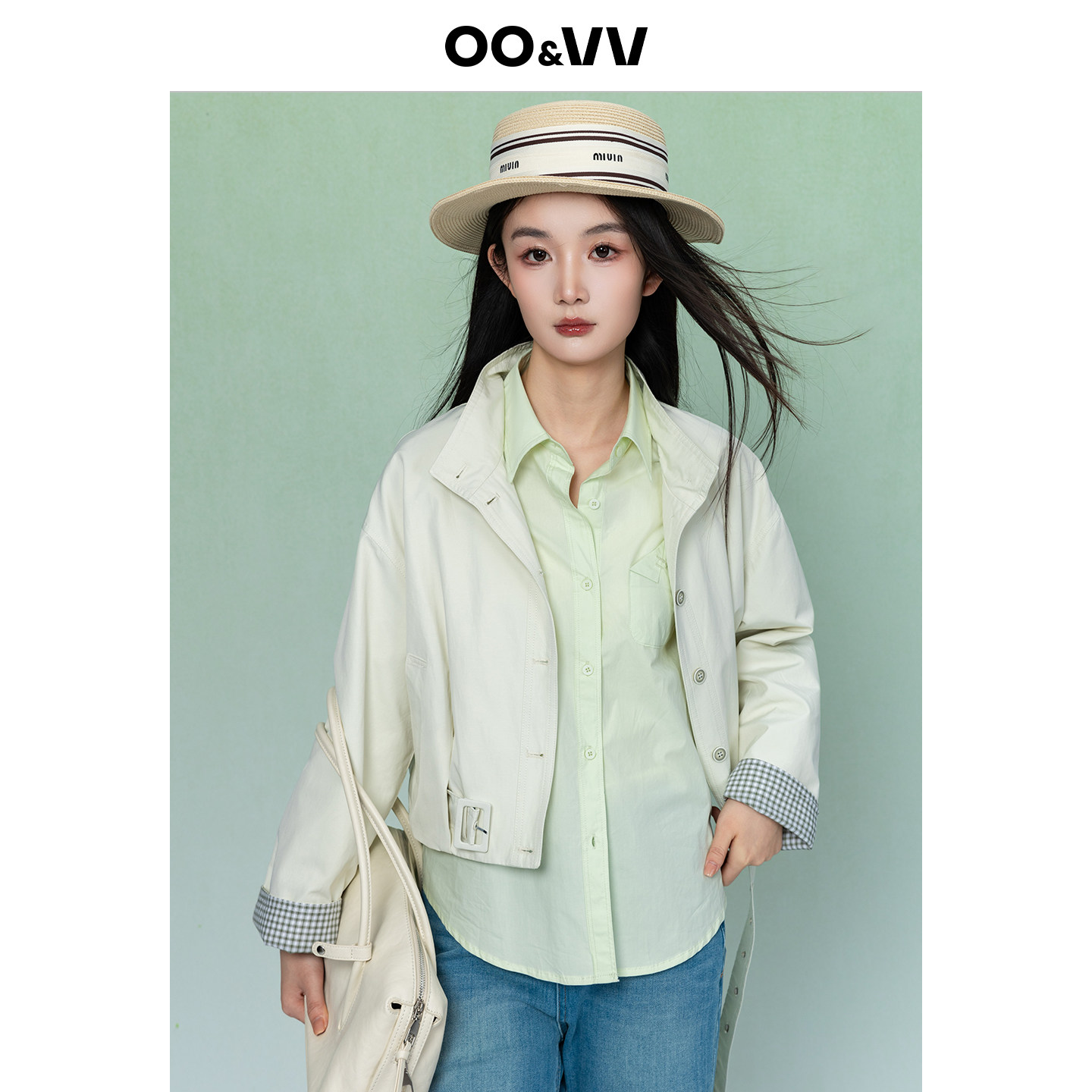 oo&vv极简风短外套女26春宽松慵懒格纹拼接袖口减龄腰带夹克穿搭