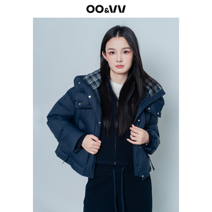 oo&vv韩版潮流连帽短款面包羽绒服女冬加厚保暖撞色拼接时尚外套