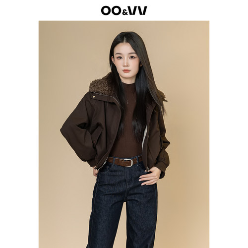 oo&vv美拉德风大毛领短外套女2025冬季内充绒保暖复古夹克短款
