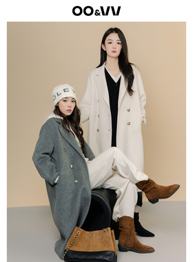 oo&vv25冬新款纯色翻领双面呢大衣女长款宽松休闲绵羊毛呢外套