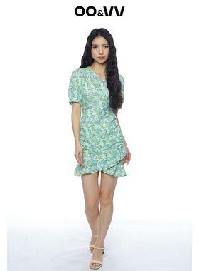 oo&vv绿色复古碎花小个子连衣裙女2025夏新收腰不规则设计感短裙