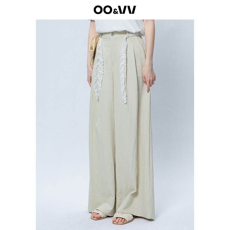 oo&vv设计感蕾丝腰带直筒阔腿裤女2025夏新款宽松显瘦拖地休闲裤