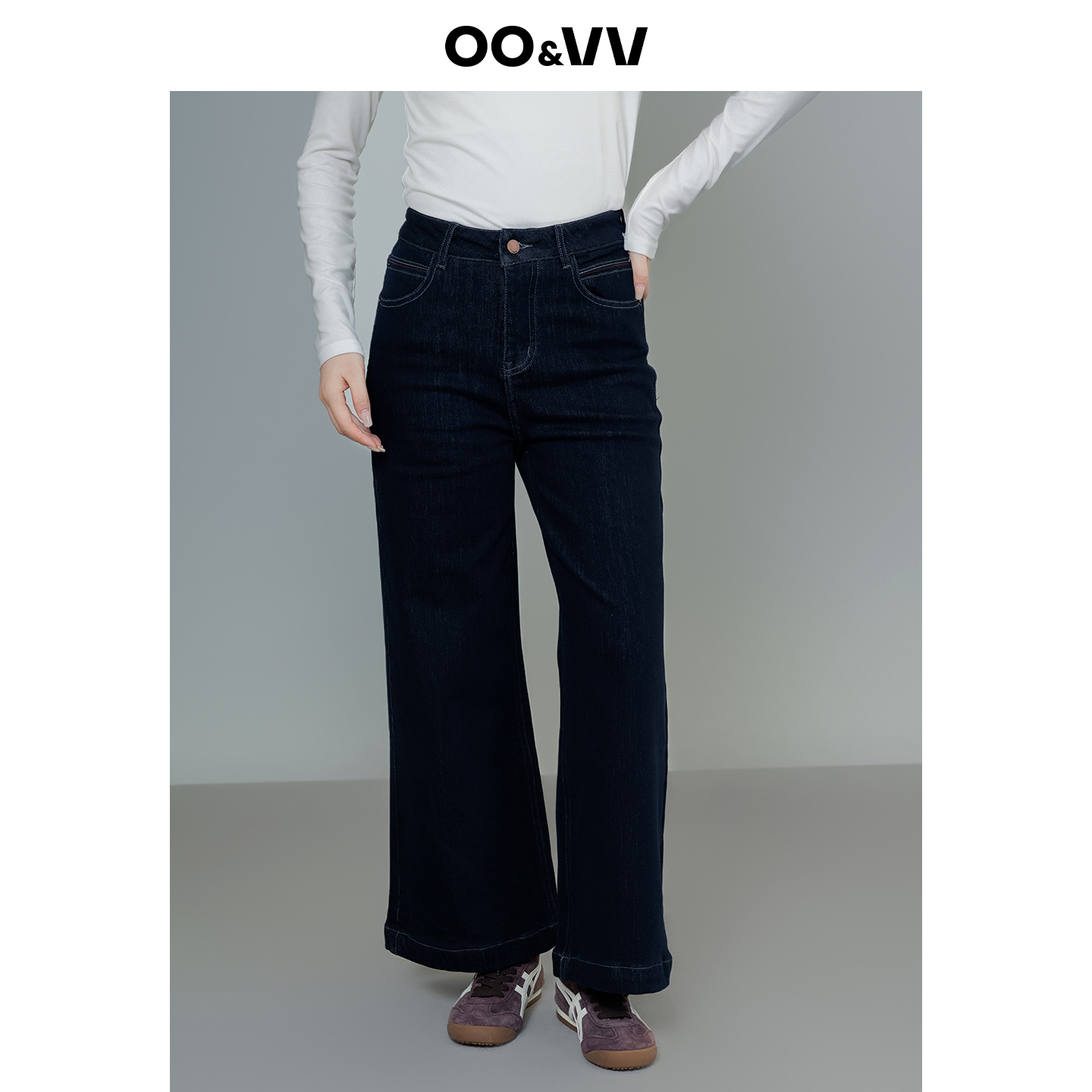 oo&vv复古高腰显瘦直筒加厚保暖微喇牛仔裤女25冬修身卷边休闲裤