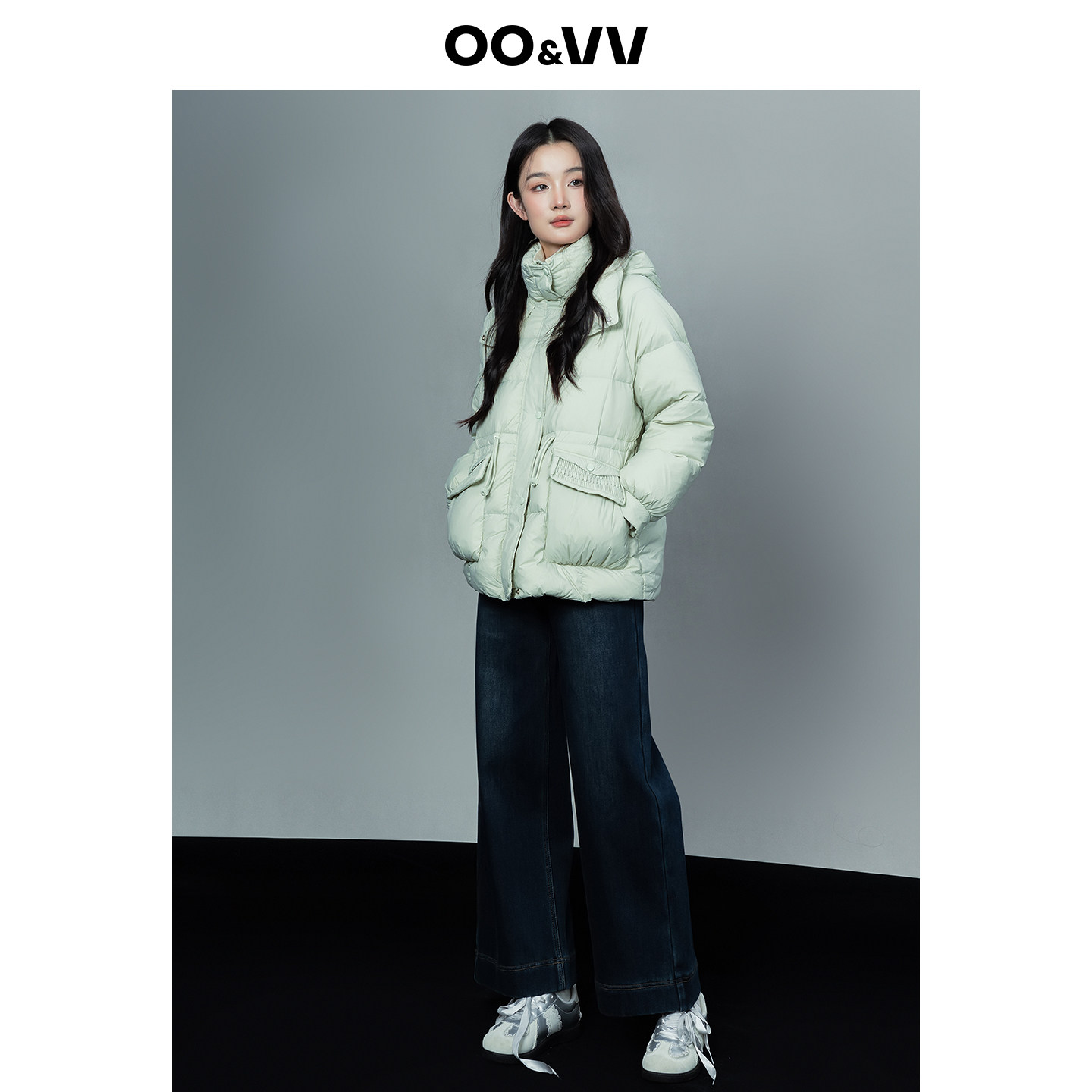 oo&vv时尚宽松连帽羽绒服女中长款收腰保暖外套量感暖核冬季新款