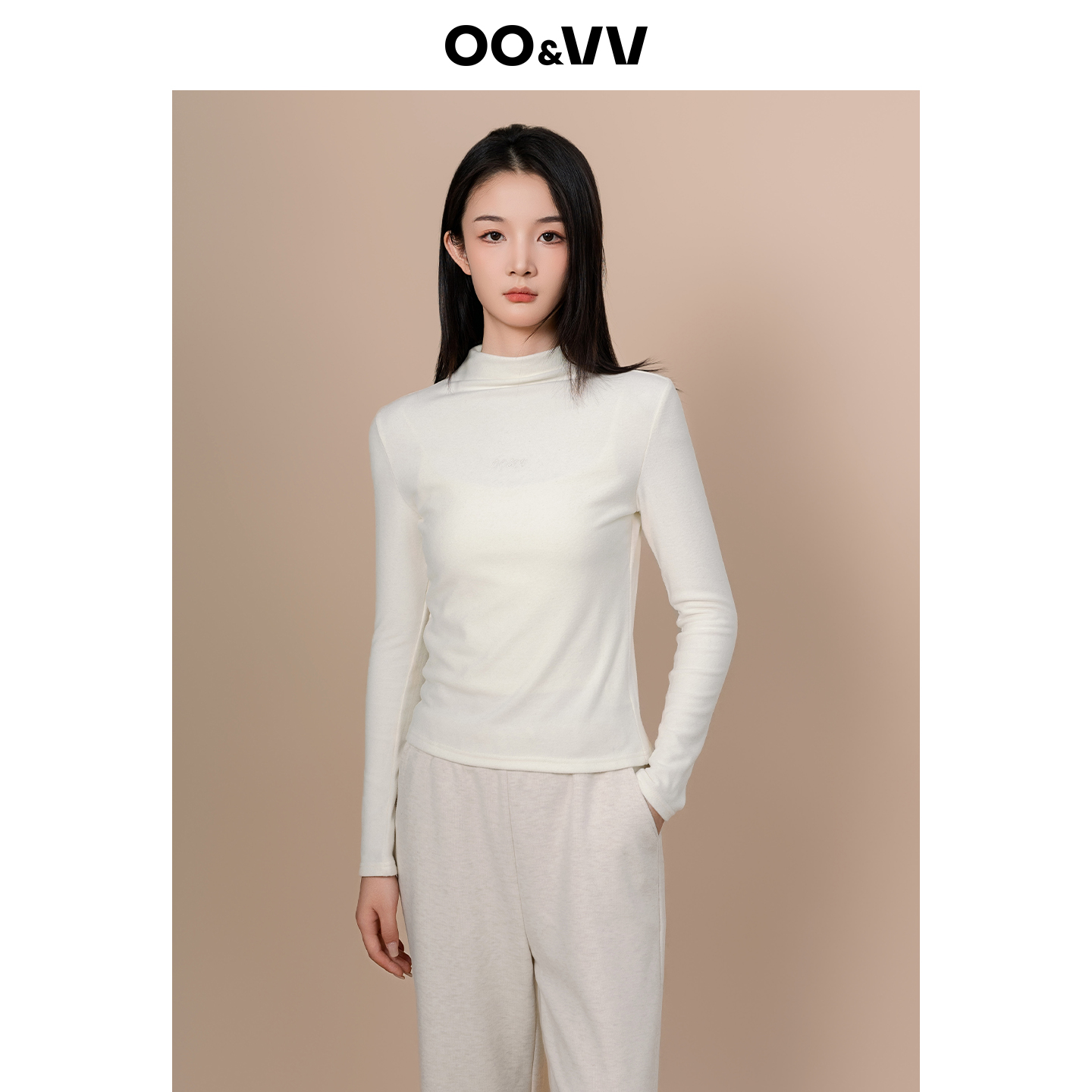 oo&vv时尚简约纯色半高领T恤女2025秋冬超好看针织打底衫内搭上衣