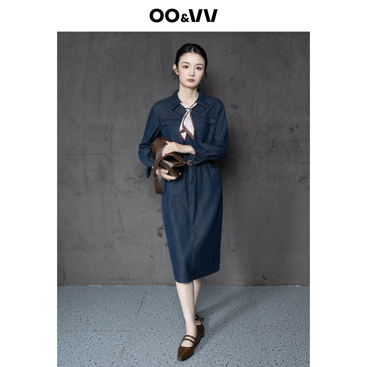 oo&vv港味复古牛仔连衣裙女2025秋新小众别致收腰显瘦中长裙子