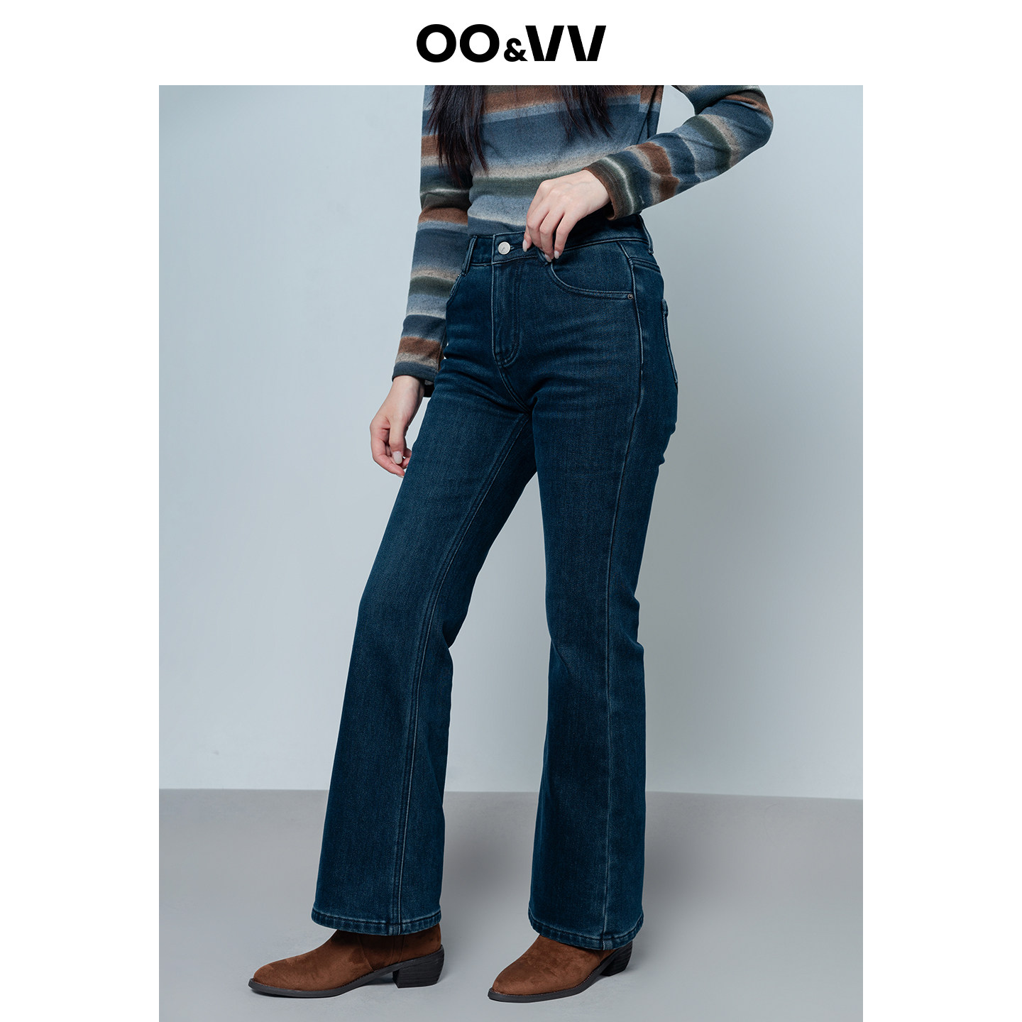 oo&vv25冬新款加绒加厚高腰显瘦微喇牛仔裤女修身百搭弹力长裤子