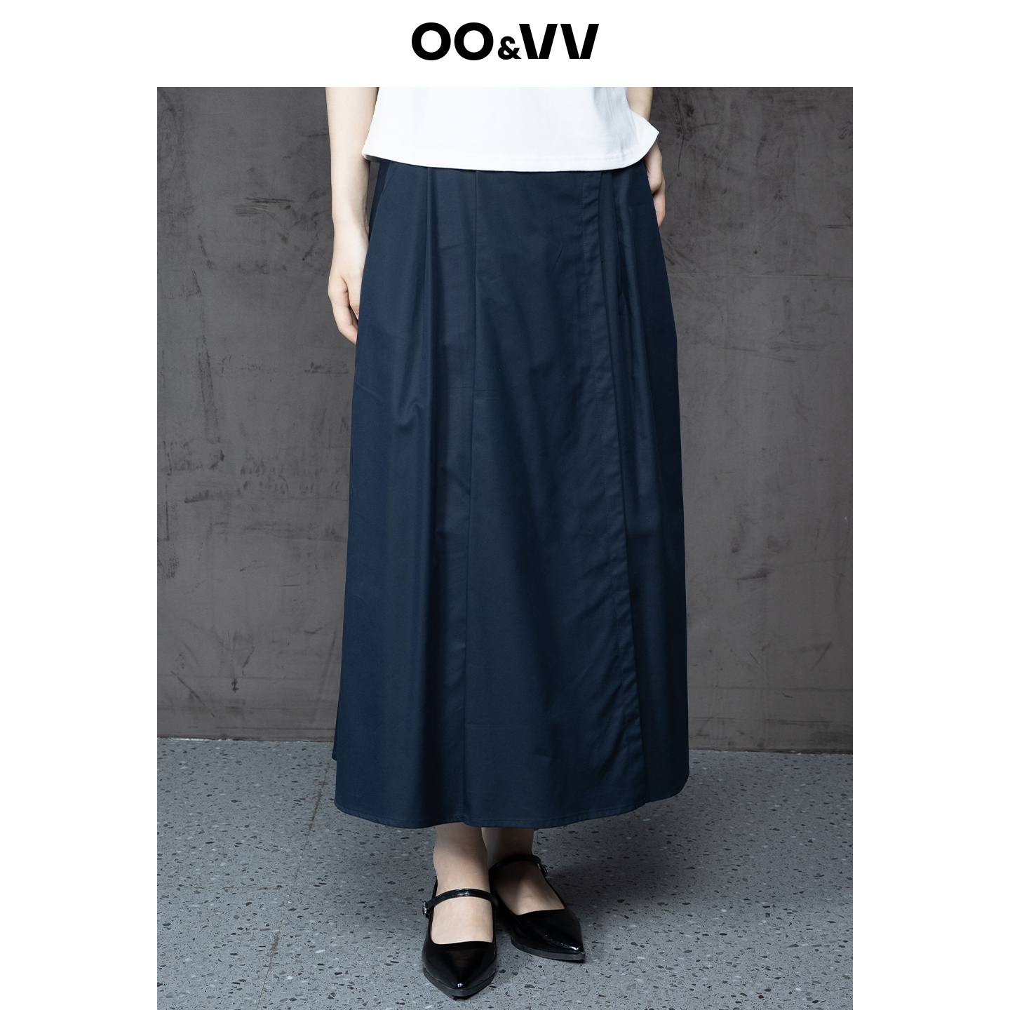 oo&vv黑色高腰天丝半身裙女2025秋新款百搭休闲直筒裙中长款伞裙