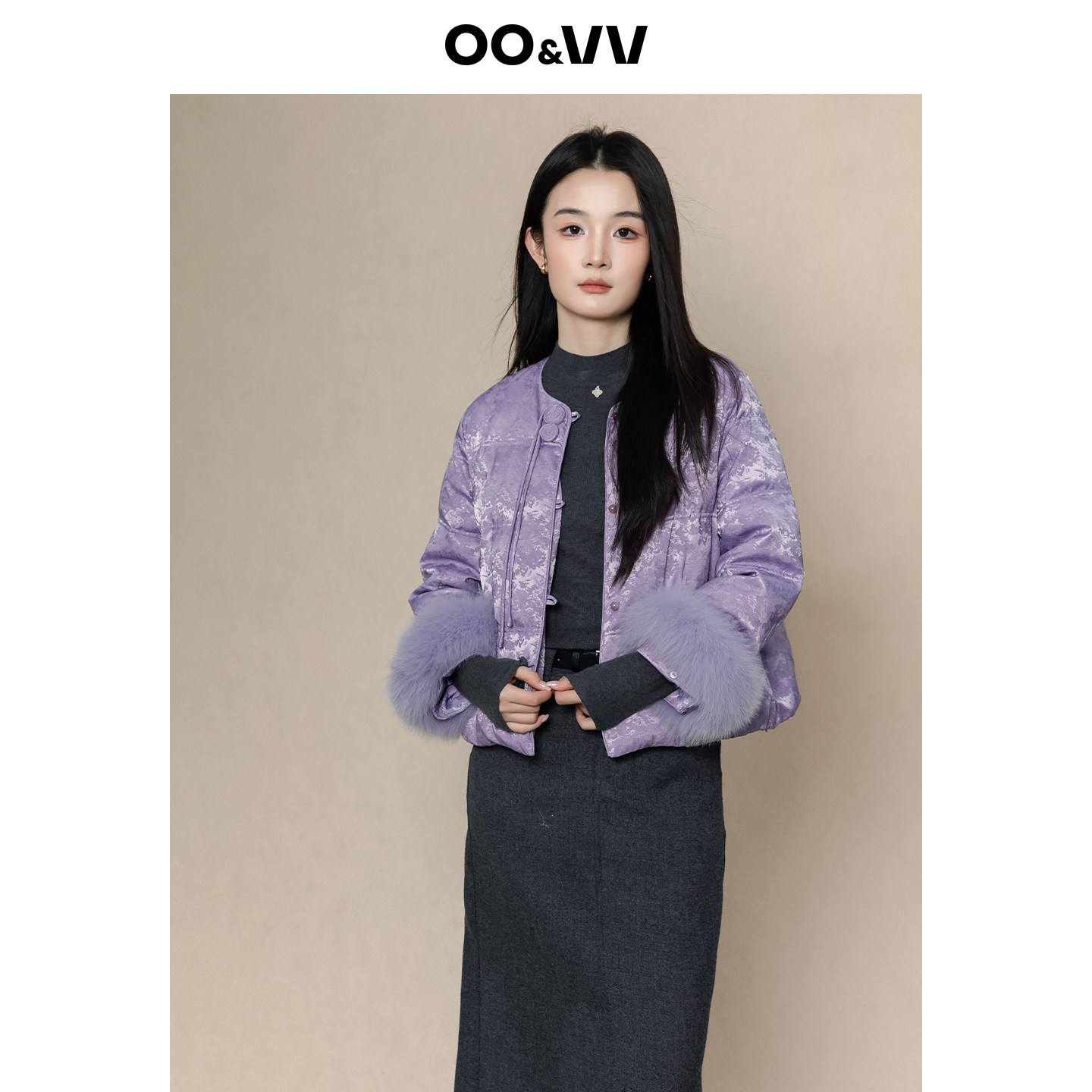 oo&vv新中式风紫色盘扣90鸭绒羽绒服女狐狸毛袖口保暖外套高级感