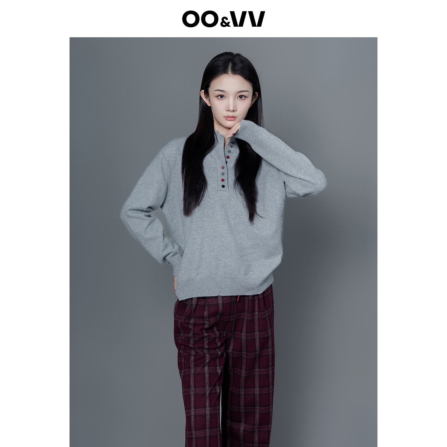 oo&vv设计感彩扣半开领半高领毛衣女2025秋冬宽松洋气针织打底衫