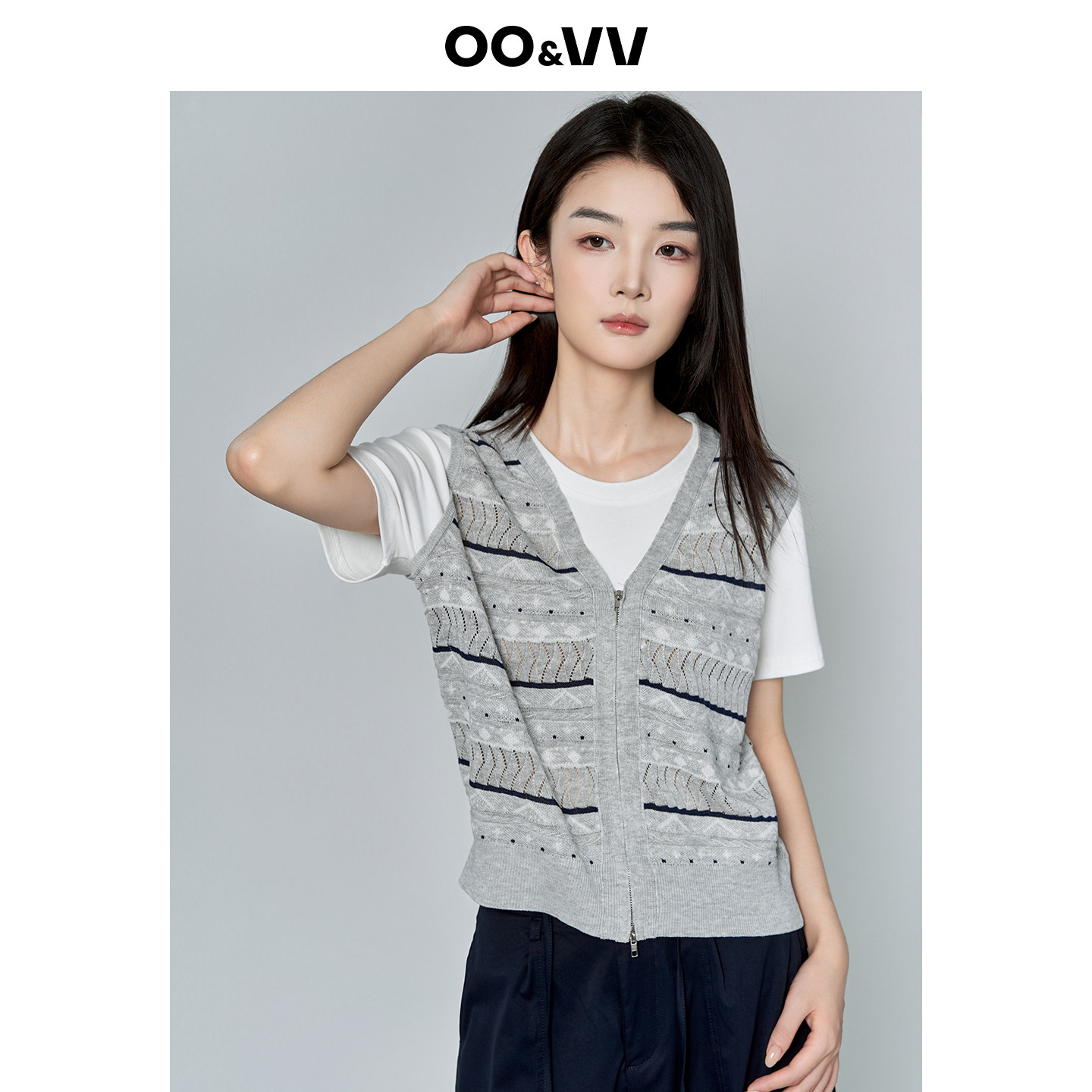 oo&vv学院风V领拉链针织亚麻女条纹短袖衬衫假两件2026夏宽松舒适