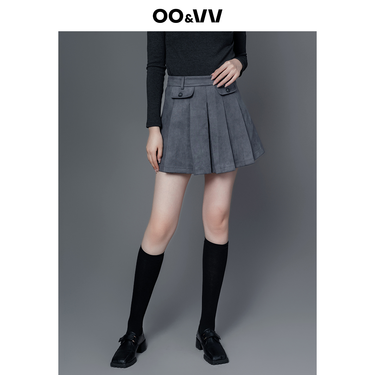 oo&vv灰色百褶裙女2025秋冬新款高腰显瘦A字裙半身裙短裙小个子