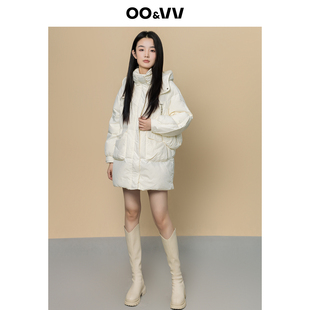 oo&vv甜美白色加厚保暖中长款连帽羽绒服女90鸭绒配可拆小包外套