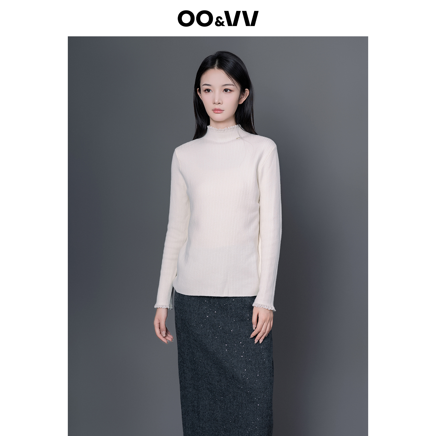oo&vv蕾丝花边半高领针织衫女2025秋冬新款修身显瘦内搭打底毛衣