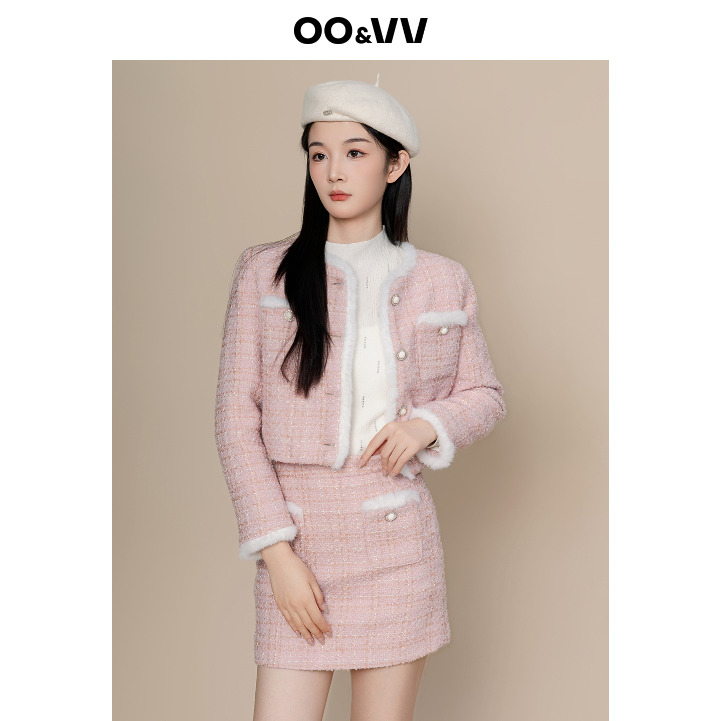 oo&vv甜美公主风羽绒小香风外套+包臀半身裙女2025冬羊毛呢两件套