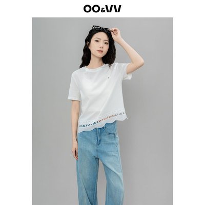 oo&vv设计感波浪边几何图镂空拼接短袖T恤女2025夏新圆领白色上衣