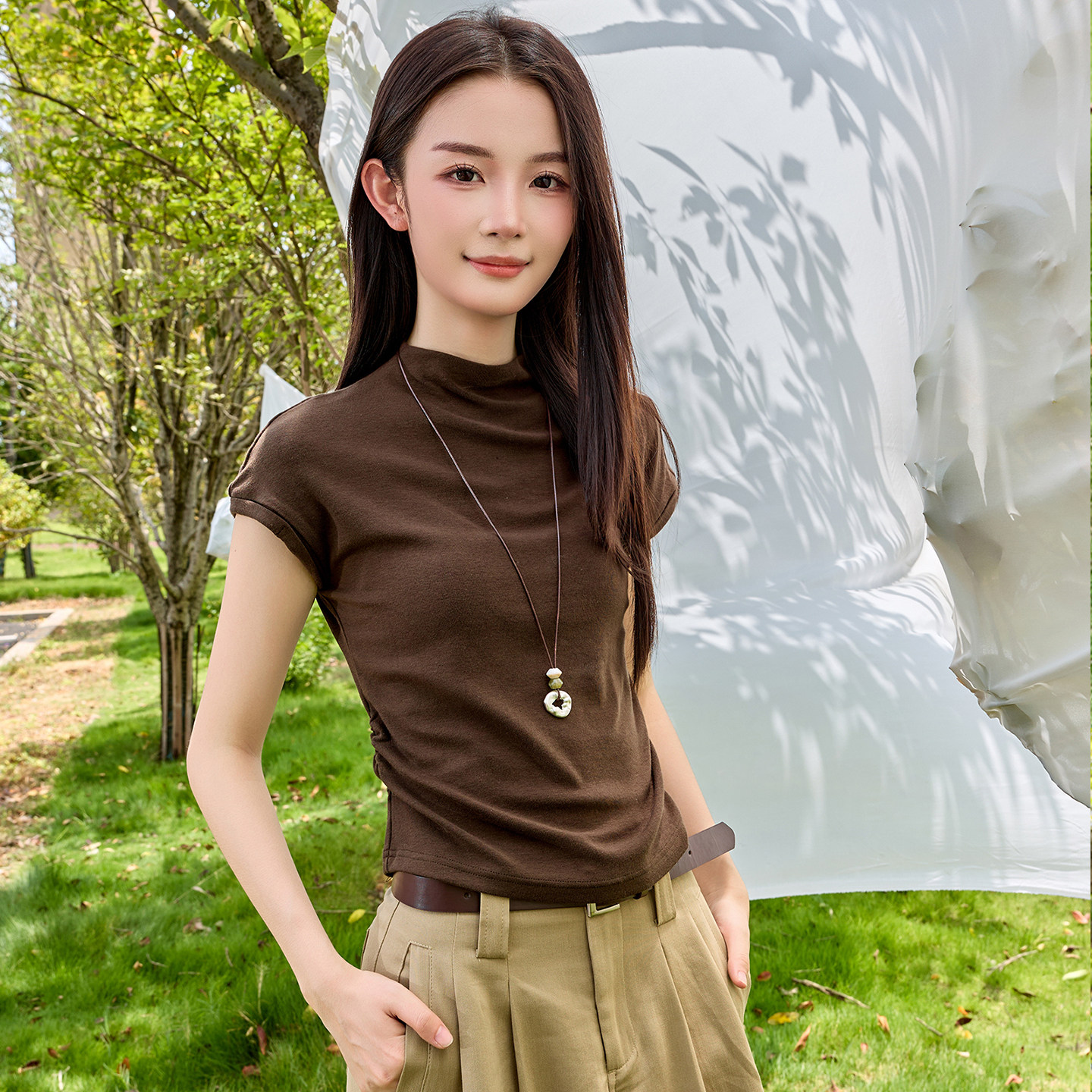 oo&vv轻熟优雅风半高领短袖T恤女2026秋修身显瘦简约百搭减龄上衣