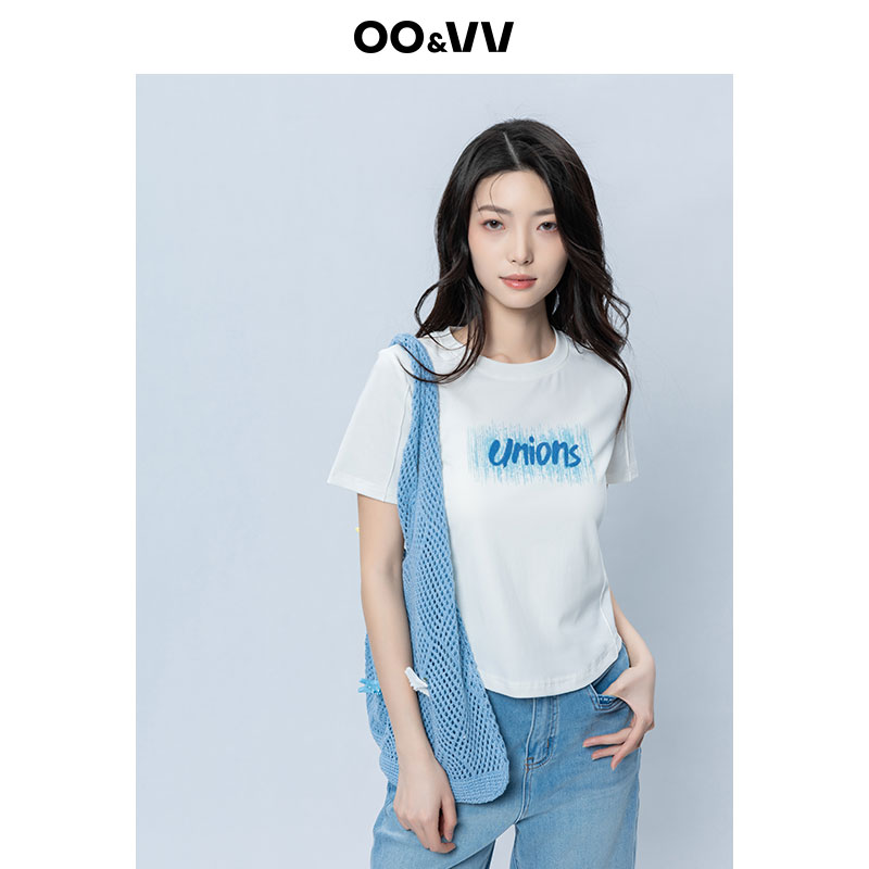 oo&vv设计感印花字母短袖T恤女2025夏新款修身显瘦百搭休闲衬衣