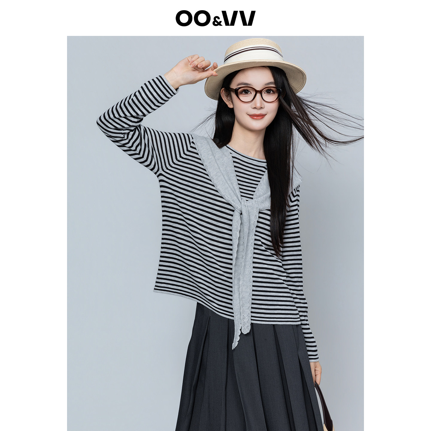 oo&vv2026春季新款条纹针织衫女披肩两件套时尚甜美羊毛呢时尚T恤图片