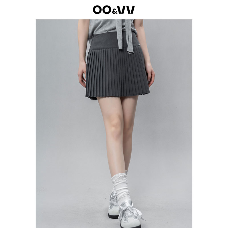 oo&vv灰色百褶半身裙女2025夏季新款复古显高小个子气质a字短裙子
