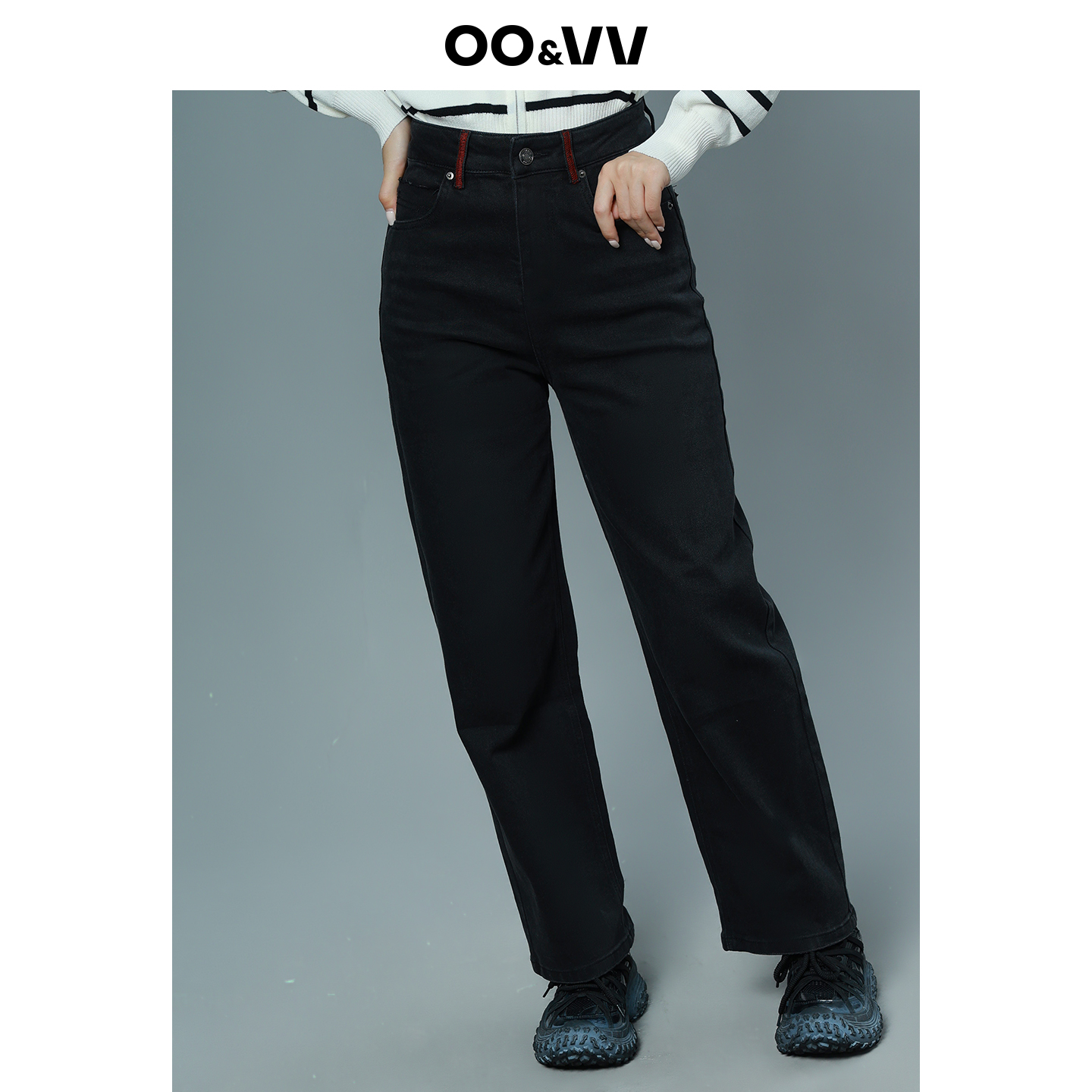 oo&vv高腰褶皱直筒牛仔裤女2025秋裤子垂感窄版阔腿裤休闲长裤新