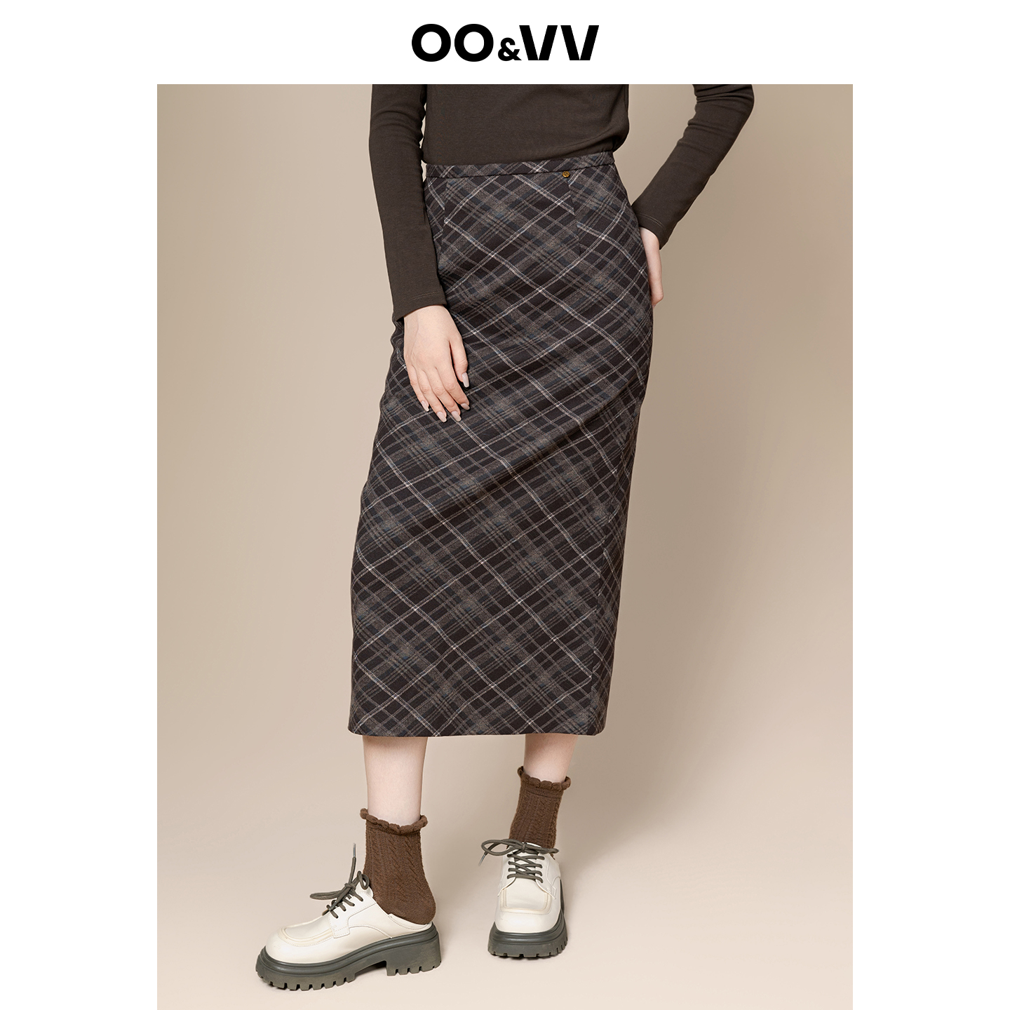 oo&vv复古格子毛呢半身裙女2025秋冬新款高腰显瘦直筒裙修身垂感