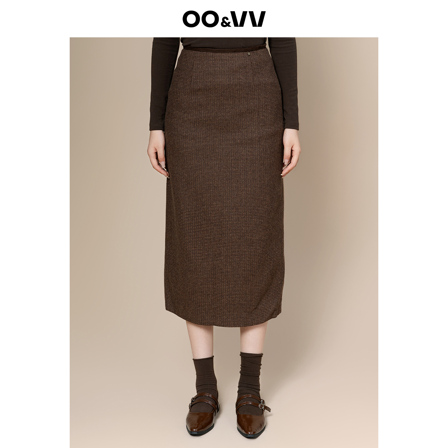 oo&vv复古细格纹羊毛呢半身裙女25秋冬百搭直筒修身长款包臀裙新