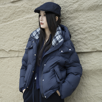 oo&vv羽绒服女格子拼接连帽宽松厚外套小个子冬季90鸭绒保暖上衣