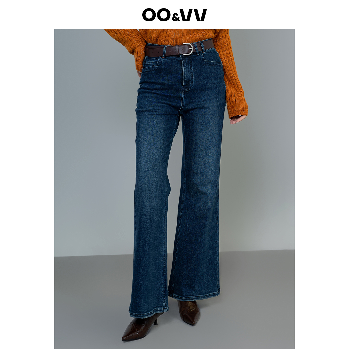 oo&vv秋冬新款高腰显瘦微喇牛仔裤女25修身百搭弹力褶皱渐变长裤