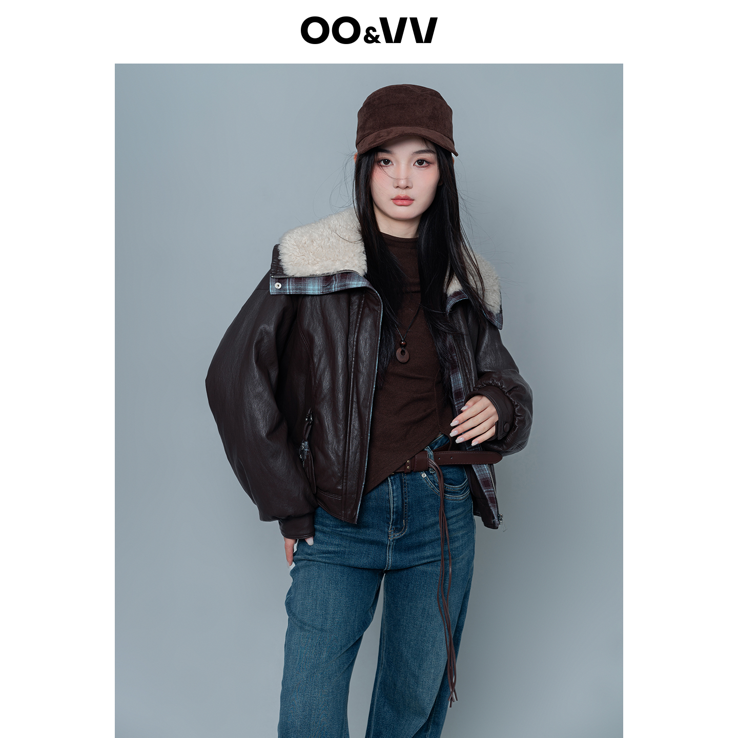 oo&vv大翻毛领皮衣羽绒服女冬2025新韩版复古感时尚拼接保暖外套