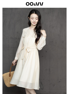oo&vv精致刺绣娃娃领连衣裙女25秋新腰带松紧掐腰天丝衬衫淑女裙