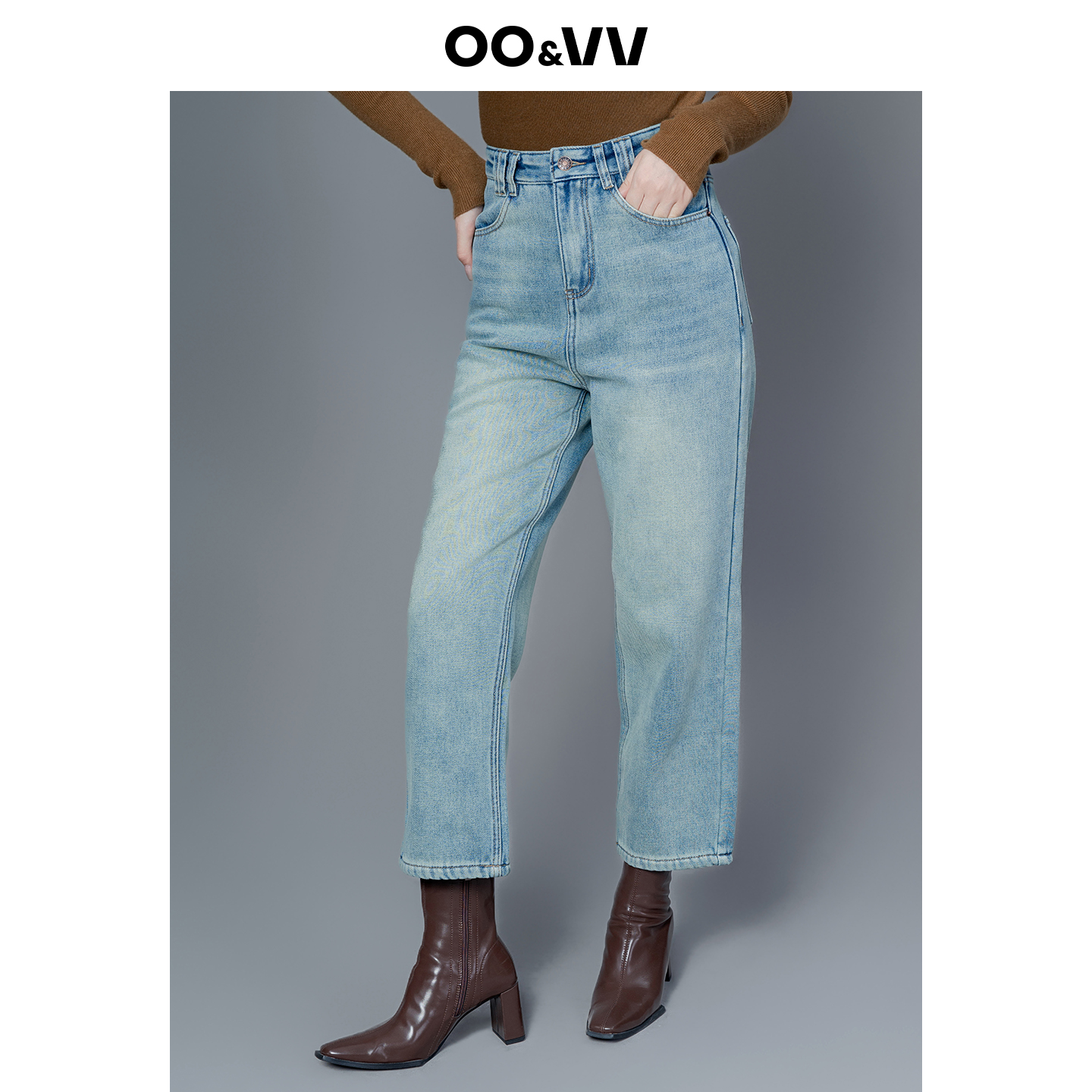 oo&vv加绒复古渐变九分牛仔裤女25冬新款舒适百搭气质休闲阔腿裤