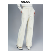 oo&vv早春超好看休闲慵懒风系带直筒裤 女高腰白色宽松条绒卫裤 新