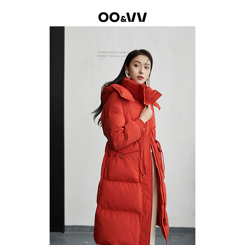 帽子可拆卸长款红色羽绒服