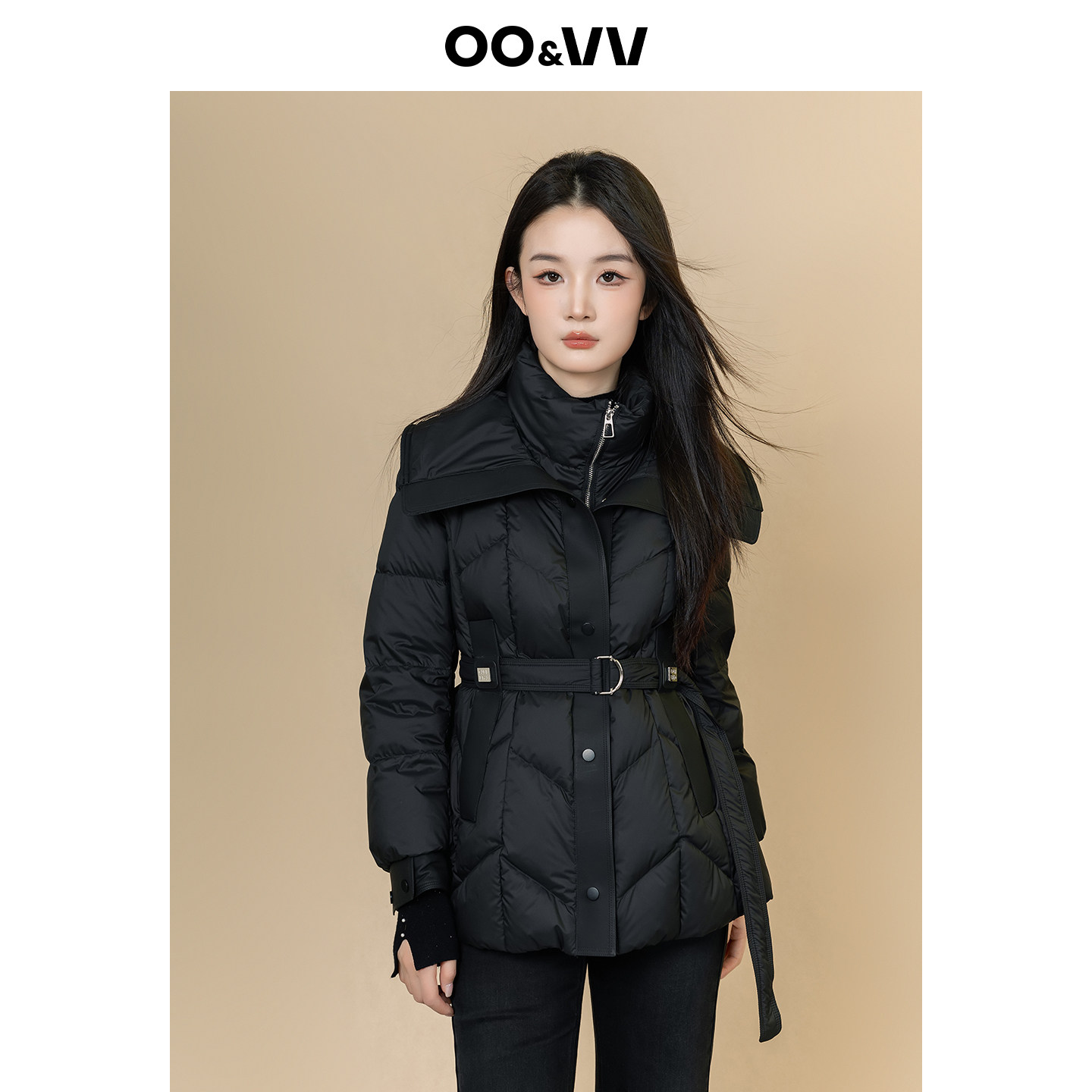 oo&vv黑色中长款大方领羽绒服女2025冬立领系带收腰显瘦保暖外套
