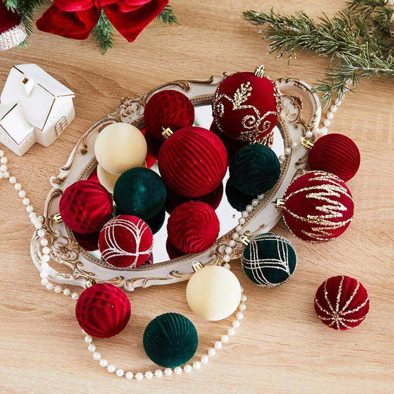 圣诞节新款红色植绒圣诞球装饰挂件酒店商场橱窗氛围装扮吊球挂饰