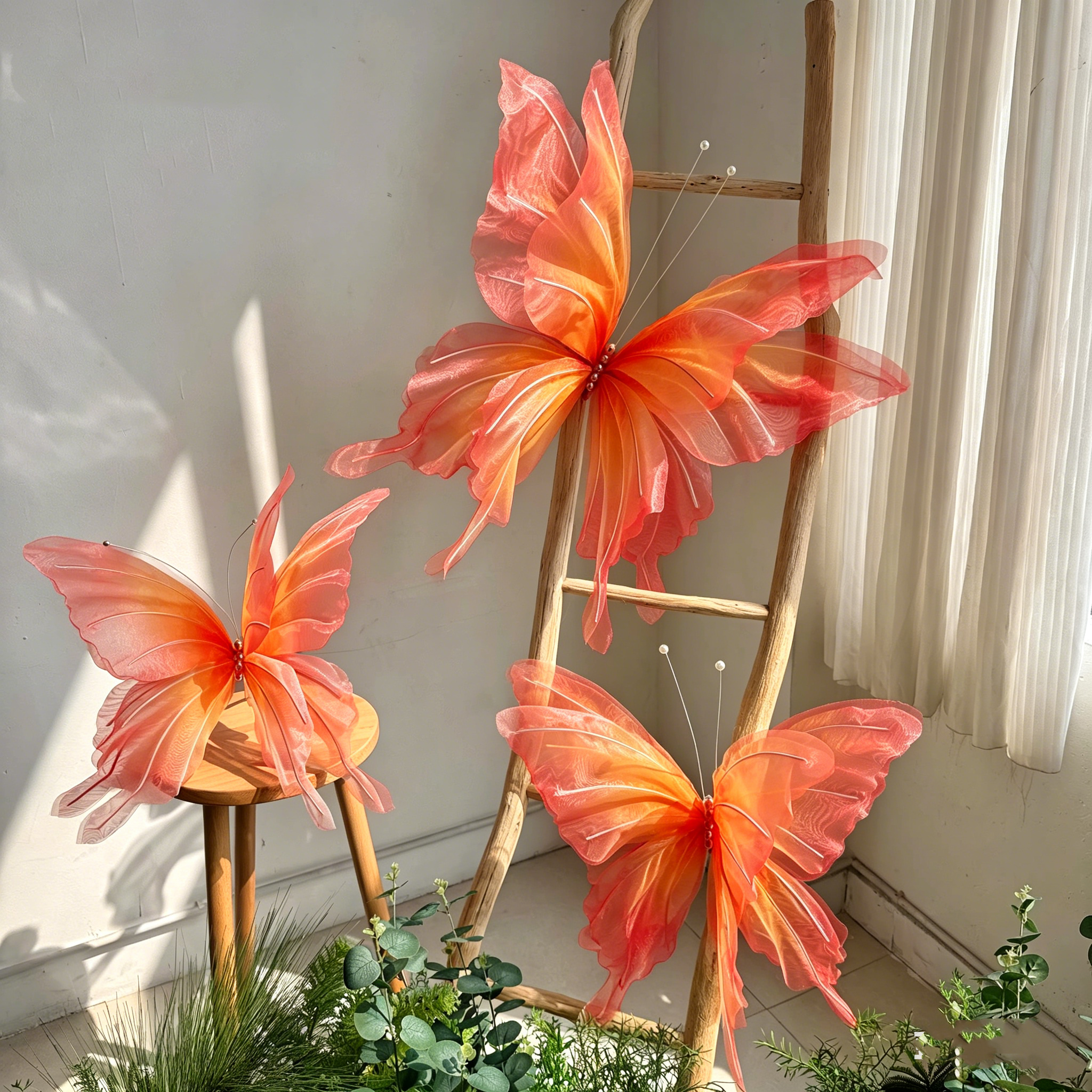 莫奈花园纱网蝴蝶花艺装饰摆件橱窗道具造景布置真丝蝴蝶仿真花